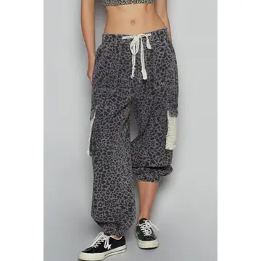 POL Dark Quiet Crochet Pocket Charcoal Leopard Pants Size Medium